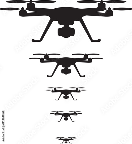 Five black silhouette drones of varying sizes arranged vertically on a white background quadcopter aerial vehicle