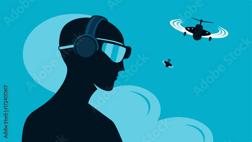 Biohacker and Drone A silhouette of a biohacker with a futuristic headset concentrating intently as a small drone hovers above responding to the brain signals detected by the