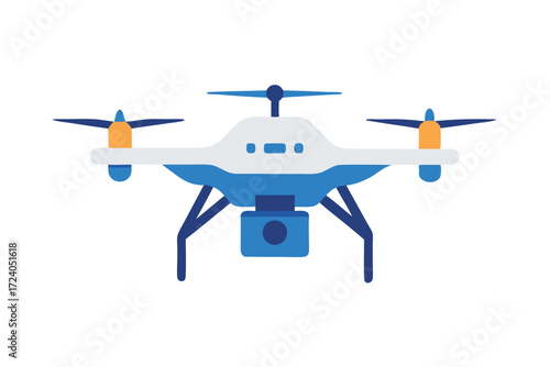 Blue and white drone showcases a camera beneath its frame, standing against white