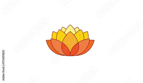 A stylized illustration of a lotus flower with layered petals and vibrant colors, centered on white.