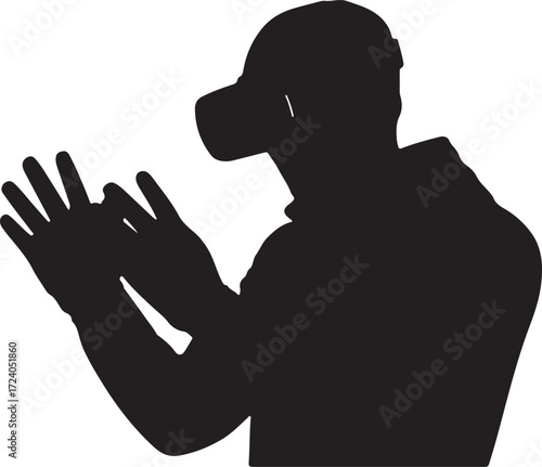 Black silhouette of a person wearing a virtual reality headset and gesturing with hands VR headset augmented reality