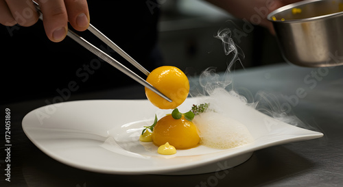 Fine dining chef plates modern dessert with culinary tweezers and dramatic dry ice smoke.