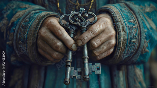 Old Hands Hold Ornate, Vintage Skeleton Keys, Symbolizing Hidden Knowledge, Ancient Authority, and Christian Mystery.