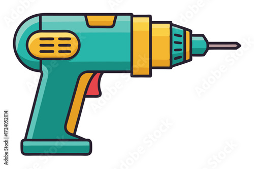 A turquoise drill with a yellow design is shown on a white background