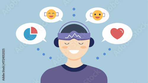 Emotion Monitoring A closeup view of a persons face with the EEG headset showing thought bubbles indicating various emotions – happiness anxiety frustration – while graphs are