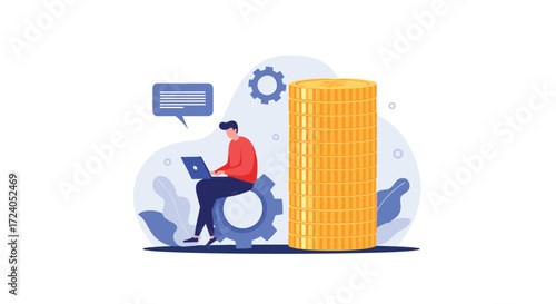 A businessman sitting at a laptop next to a huge stack of coins.