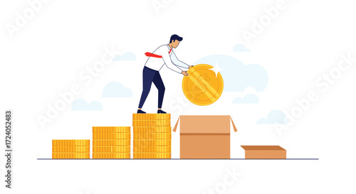 A businessman places a large coin on a stack of coins next to an open box.