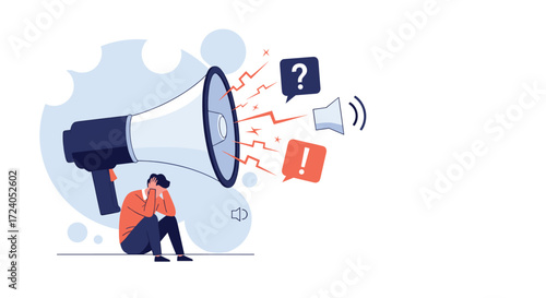 Person overwhelmed by loud announcements and notifications from a megaphone.