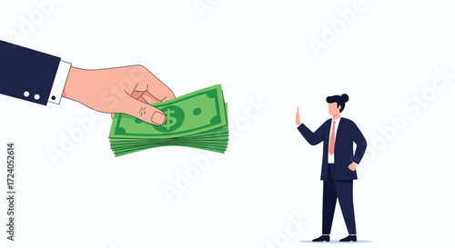A business person refuses to take offered cash from a large hand.