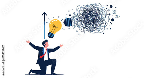 A businessman conceptualizes creative ideas from a chaotic thought process.