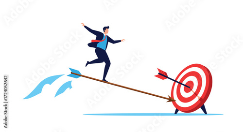 A businessman carefully walks on a flying arrow toward a target.