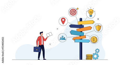 Businessman standing at a crossroads of decision making for the future.