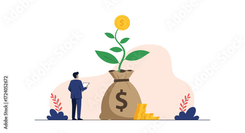Financial growth represented by a money bag with a plant sprouting a coin on top.