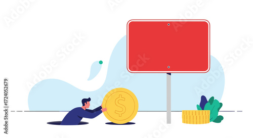 Man pushing a coin out of a hole next to a sign.