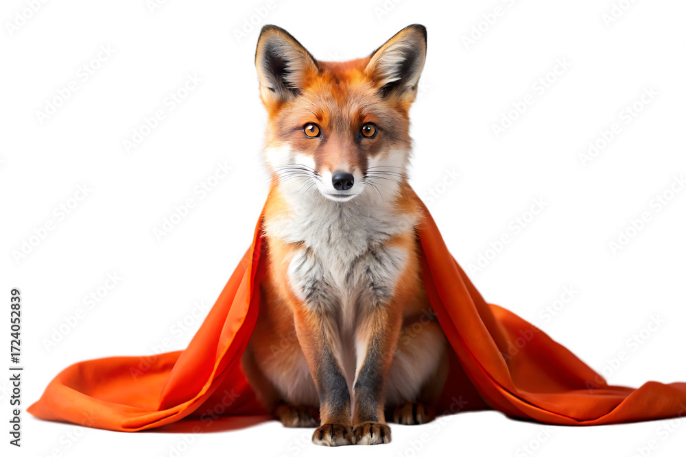 Obraz premium Red Fox Wearing an Orange Cape Sitting on Transparent Background vulpes animal cutout PNG isolated on a transparent background