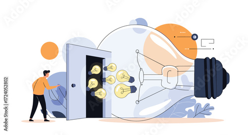 A person opens a door to reveal many lightbulbs flying towards a large lightbulb.