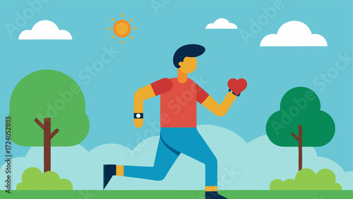 Fitness Tracking A person jogging in a park while wearing a smarch that displays heart rate and calories burned with trees and a sunny sky in the background.