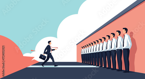 A man in a suit runs towards a line of people in suits against a wall.