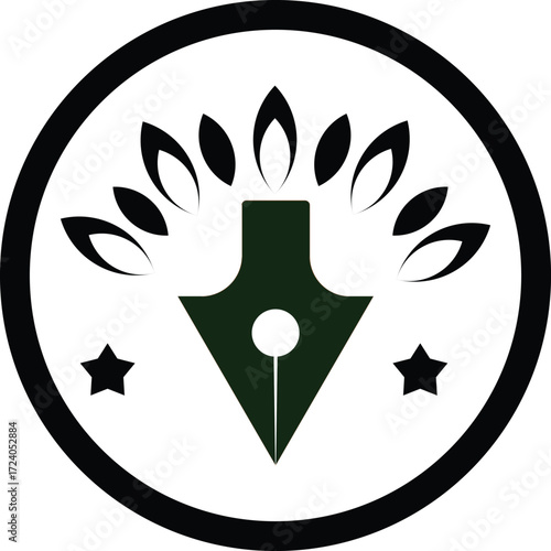 Elegant green pen nib emblem with floral accents for branding and design projects vector