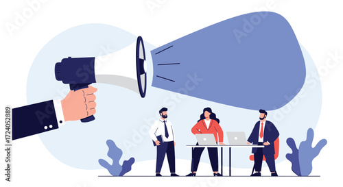 Team members responding to a loud announcement from a megaphone.