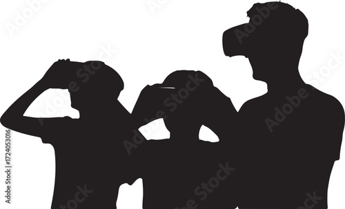 Three black silhouettes of people wearing virtual reality headsets VR headset technology