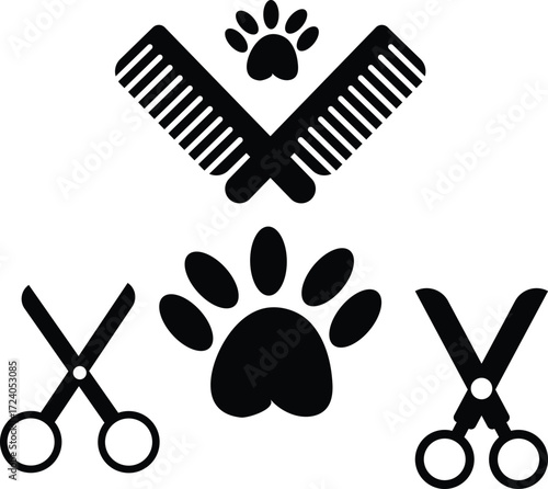 Pet grooming icons set paw print comb and scissors for animal care services vector