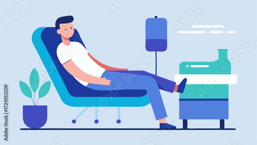 Comfortable Reclining Chair A patient comfortably reclined in a sleek ergonomic chair surrounded by soft cushions while a technician prepares rejuvenation therapy equipment nearby.