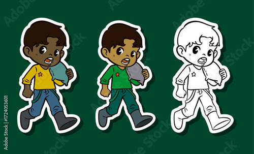 Boy gardener carrying a sack sticker illustration