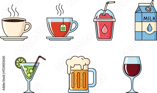 Diverse collection of refreshing beverages and hot drinks icons vector