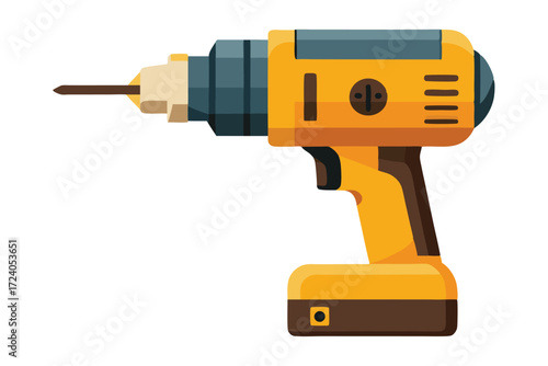 Electric drill features a yellow body, a dark gray chuck, and a visible drill bit