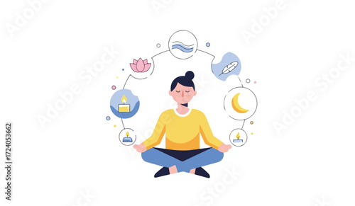 Person meditating peacefully, surrounded by calming symbols of serenity and tranquility.