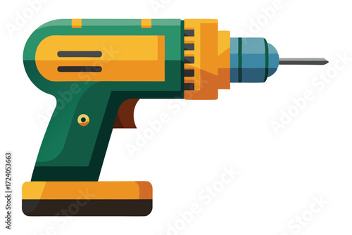 Detailed side view shows the green and yellow power drill with a metal bit