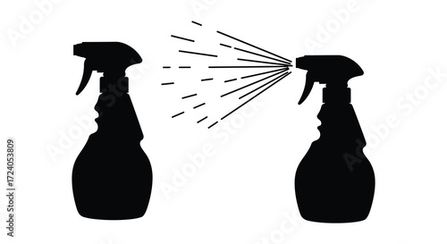 Two spray bottles emitting streams of liquid a dark graphic silhouette