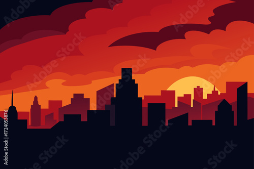 City silhouette at sunset with red clouds