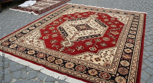 Detailed view of a richly patterned and intricately designed oriental rug