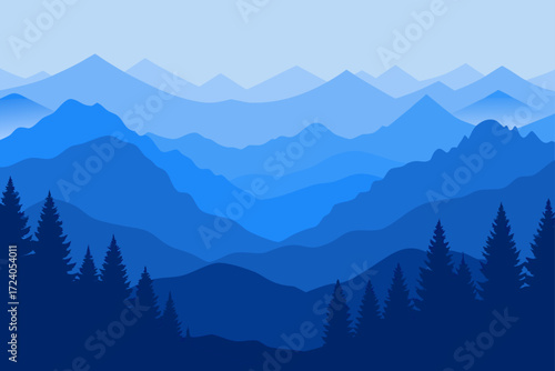 Blue mountain range with pine tree forest