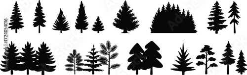 Tree silhouette illustration, various coniferous and deciduous tree shapes in two-row layout black white forest design, vector clipart artwork