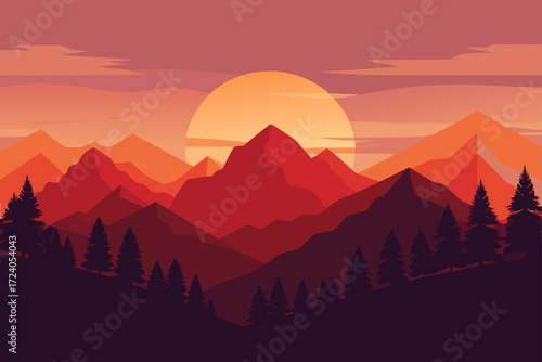 Illustration of mountain range at sunset