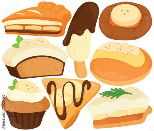 illustration of Banana Dessert Clip Art Set Hand Painted Cake Bread Muffin Pie Bun Pudding Ice Cream Pastry Sweet Food Vector Illustration