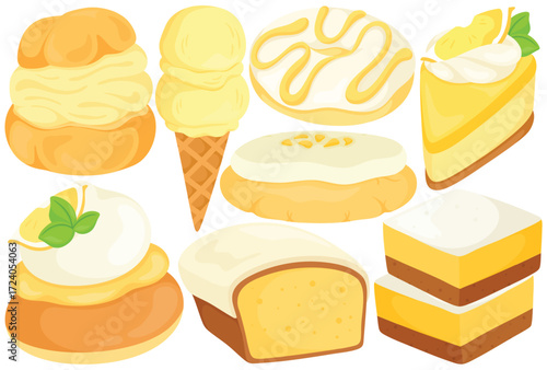 illustration of Lemon Dessert Clip Art Set Hand Painted Cake Tart Pie Puff Ice Cream Cheesecake Bar Sweet Food Vector Illustration
