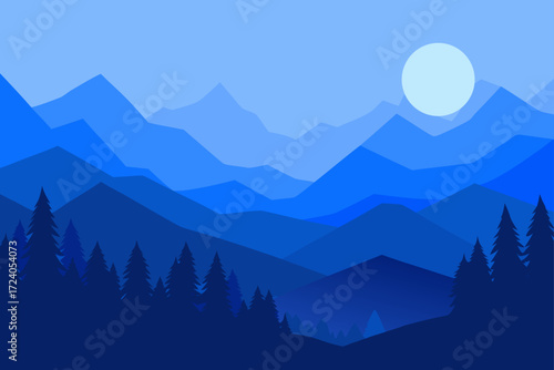 Blue mountain range with a full moon sky
