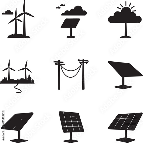 A black and white illustration depicts wind turbines and solar panels 
