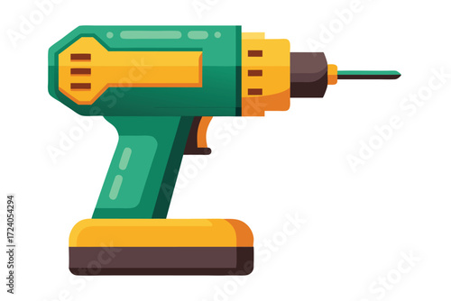 A green and yellow drill is shown on a white isolated background