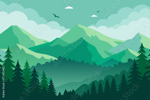 Green mountains landscape with pine trees