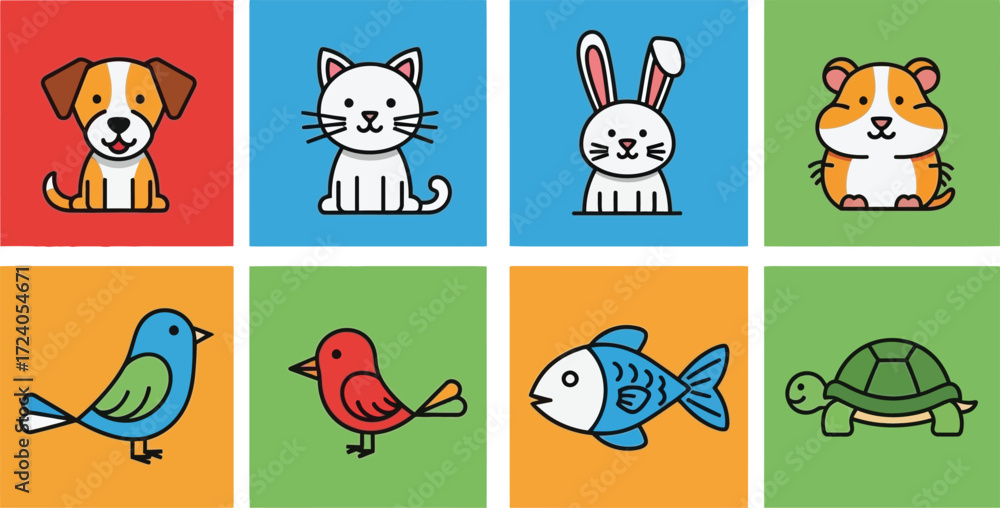 Obraz premium Cute cartoon pets collection dog cat rabbit hamster bird fish turtle vector