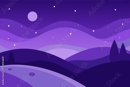 Purple landscape with moon and stars view