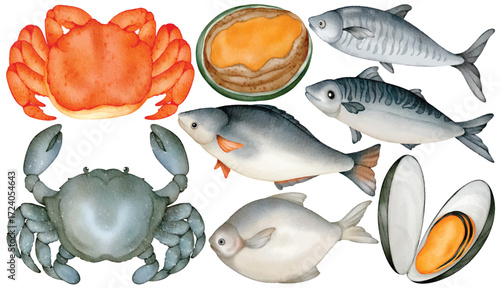 Watercolor Crab and Fish Seafood Clip Art Set Hand Painted Crab Mussel Oyster Mackerel Pomfret Freshwater Fish Marine Food Illustration