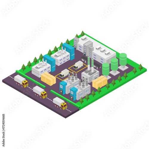 Green Recycle Factory Building With Solar Panel Isometric