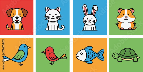 Cute cartoon pets collection dog cat rabbit hamster bird fish turtle vector