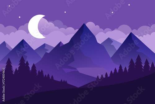 Purple mountains with moon and stars view